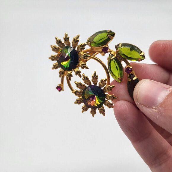 Juliana DeLizza Elster? Flower Watermelon Rivoli Green Pink Rhinestone Brooch - Picture 6 of 6